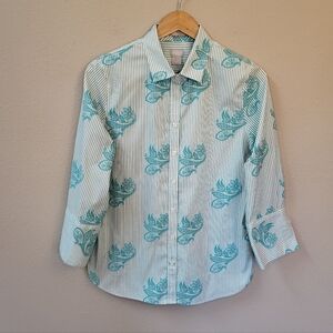 Chico's No-Iron Chic Stretch 3/4 Sleeve Shirt Size 1 Medium/8 Blue Stripe Floral